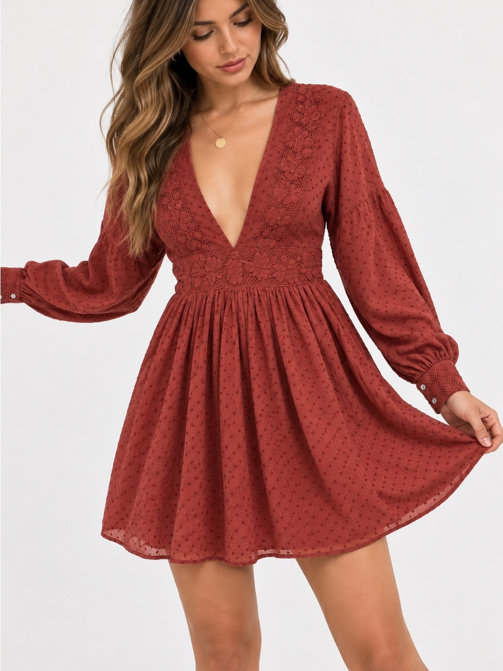 Free People Rust Red Deep V Lace Waist Mini Dress